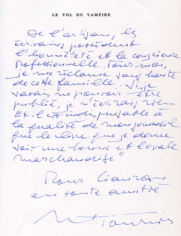 TOURNIER Michel Le Vol du vampire Mercure de France 1981 édition originale vélin d'arches envoi autographe signé à Cioran